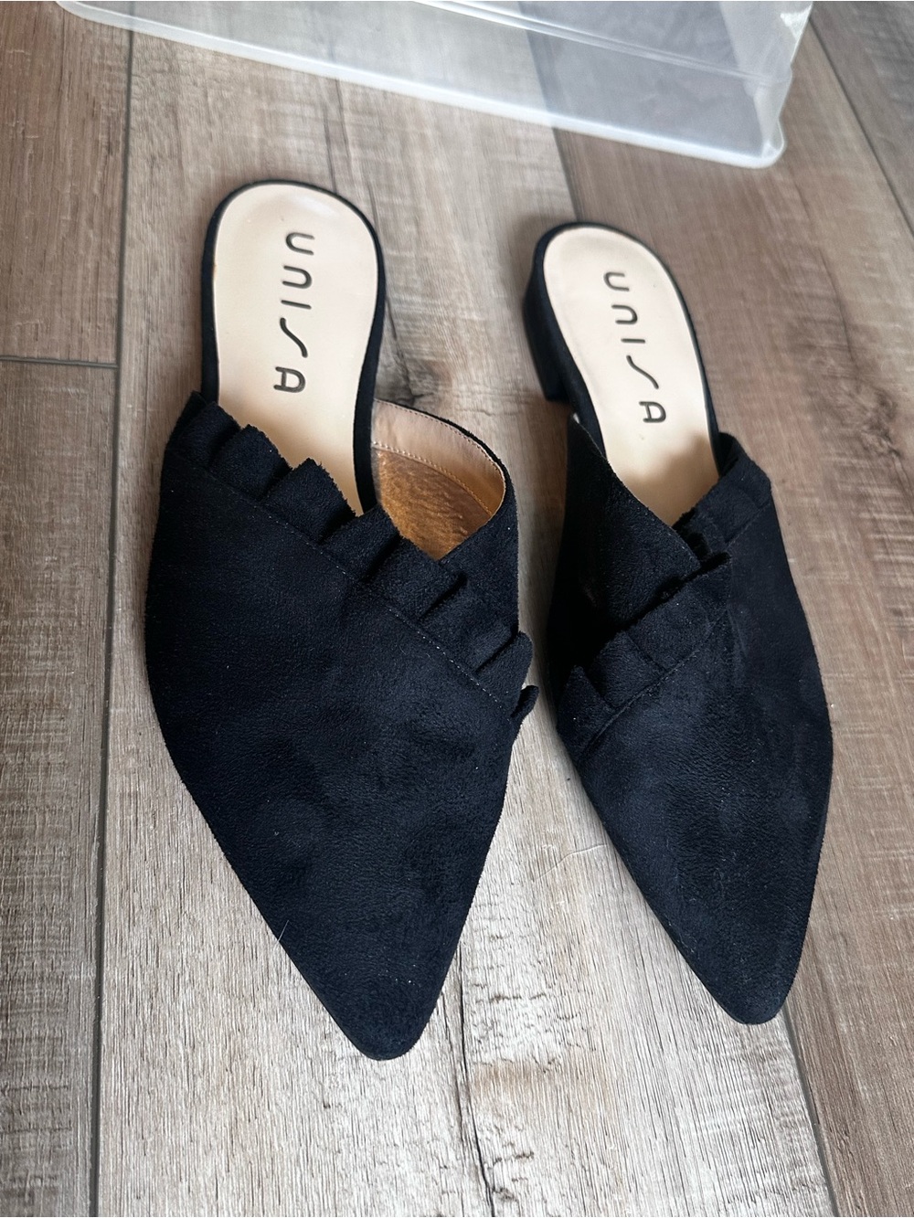 Unisa Black Pointed Suede Ruffle Mules